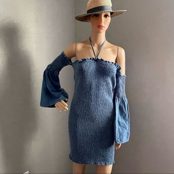 ASOS Denim Bandage Mini Dress with Halter Strap and Attached Bell Sleeve Size 8 - Picture 2 of 15